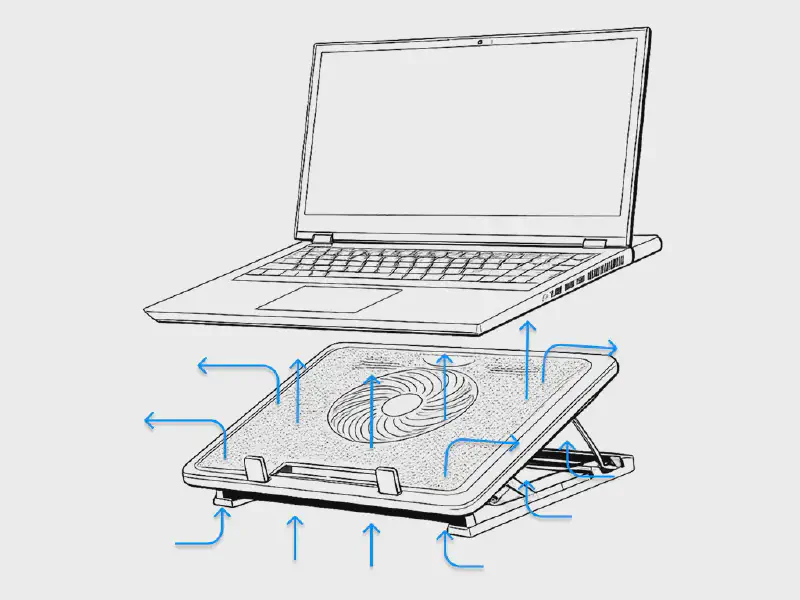 2D Vector image of laptop air flow with cooling pad.