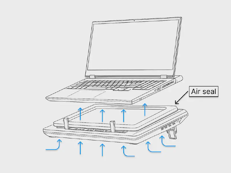 2D Vector image of laptop air flow with cooling pad.